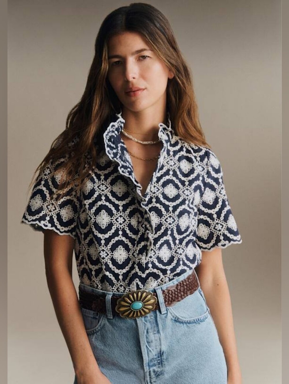 Sézane Dahlia Blouse Women's US 6 EU 38 Marine Blue Ecru Embroidered Top